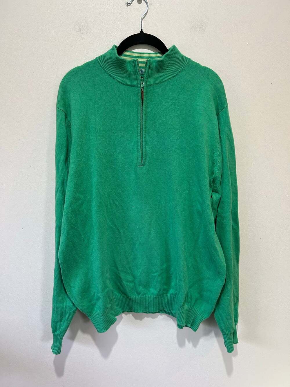 J. McLaughlin green quarter zip sweater womens M preppy resort *small stain